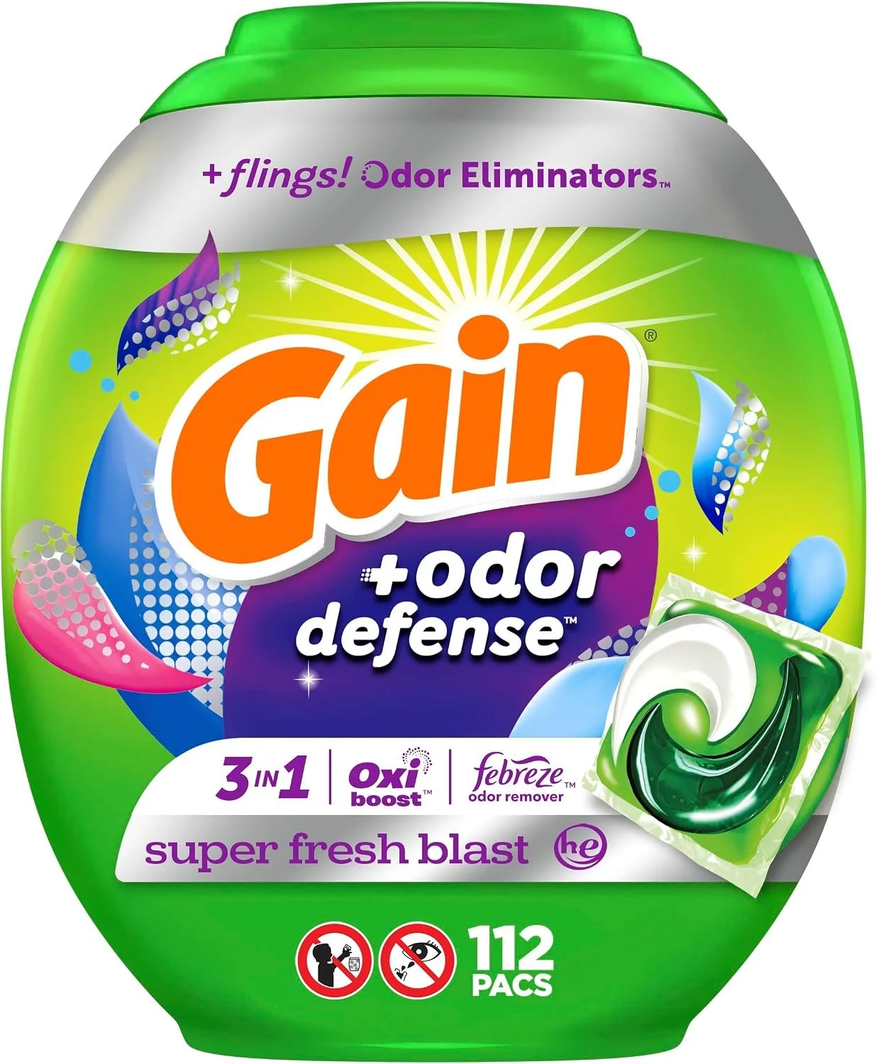 A container of Gain Super Fresh Blast odor eliminator laundry detergent pods with a green and silver packaging, highlighting 3-in-1 action, Oxi boost, and Febreze odor remover, with 112 pods inside.