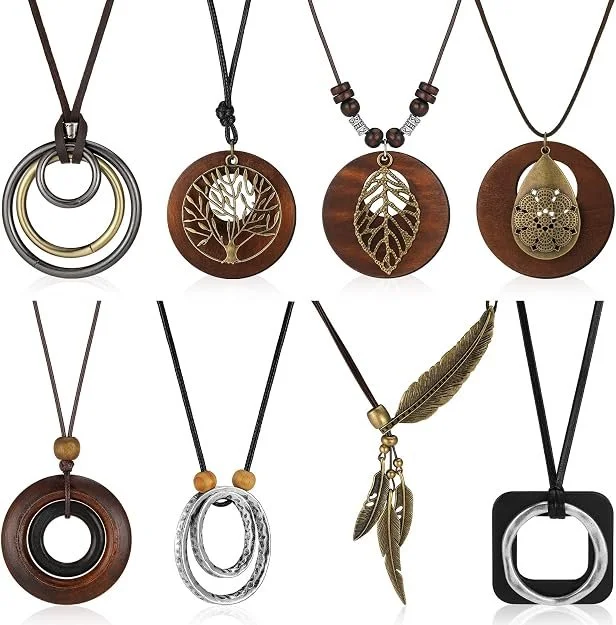 Huquary 8 Pcs Boho Long Necklaces for Women Vintage Wooden Necklaces Handmade Hippie Faux Leather Cord Sweater Jewelry