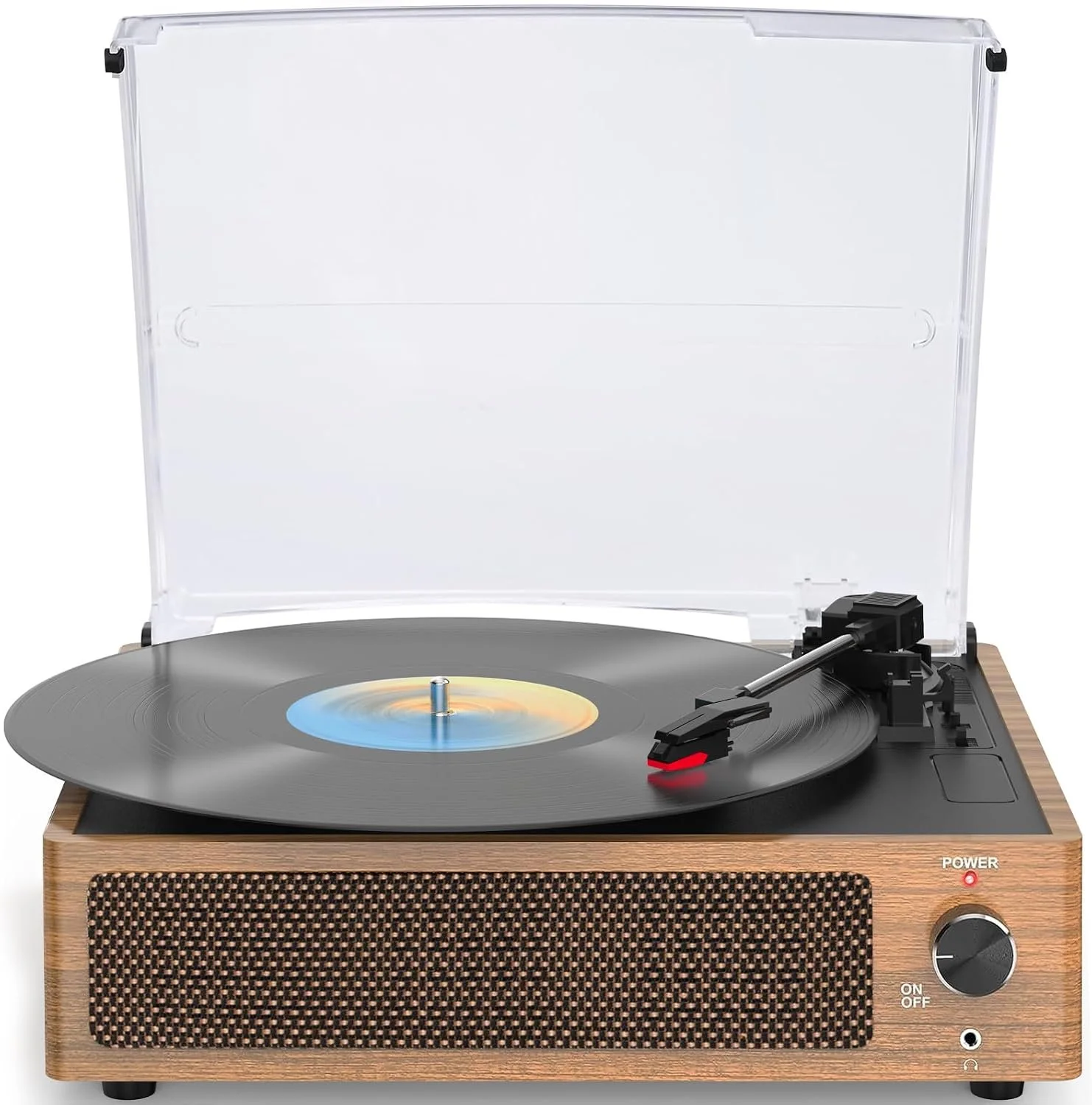 Vintage Record Player for Vinyl with Speakers Retro Turntable BT Wireless Bluetooth LP Phonograph Belt-Driven Turn Table Support 3-Speed 3 Size Headphone AUX-in RCA Wooden Grain Light Brown