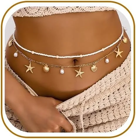 Gold Starfish Waist Chain for Women 2Pcs Adjustable Layered Belly Chain Bohemian Shell Beaded Bikini Body Chain for Beach, Summer Festival, Vacation & Boho Accessories