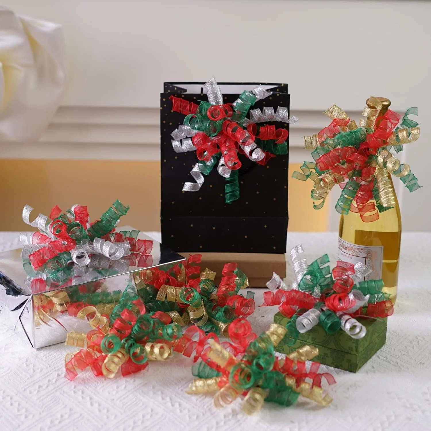 Lakkity 12Pcs Bows for Gift Wrapping, 6 Inch Curly Ribbon Bows, Self Adhesive Burst Gift Bow for Presents,Paper Bag, Baby Shower Favors, Wrapping Accessories, Wedding Decor (Red Green Silver)