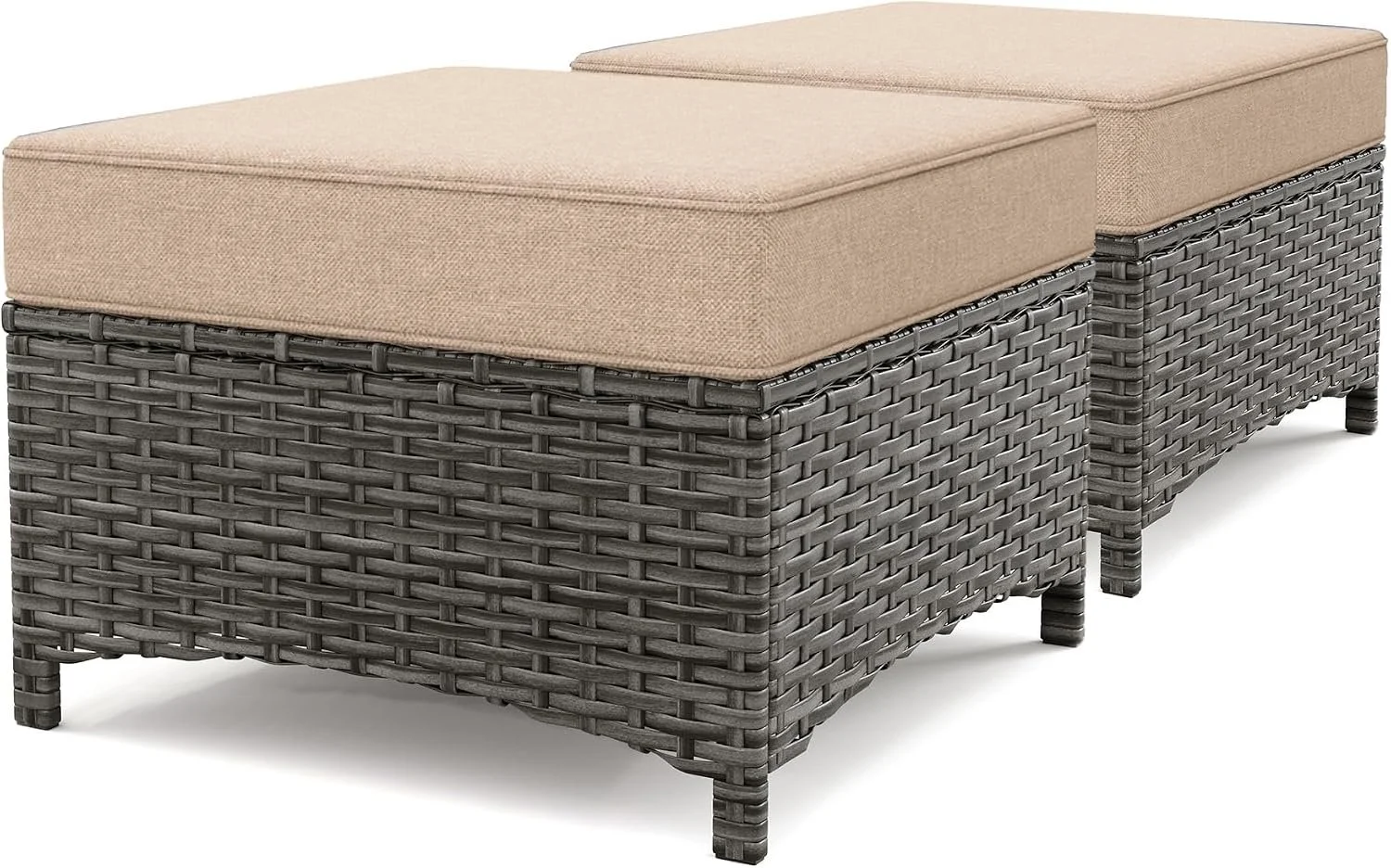 2PCS Outdoor Patio Ottomans, All-Weather PE Wicker Footrest with Comfortable 3.5" Cushions, Anti-Rust Metal Frame for Garden, Porch, Backyard, Deck, Gray Line Collection (Beige)