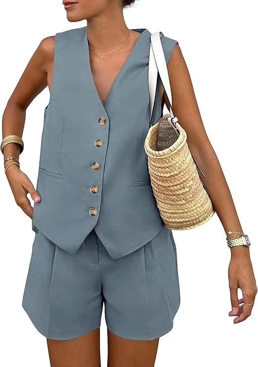 PRETTYGARDEN Women's Summer Two Piece Outfits Sets
Sleeveless V Neck,Vest Tops,Button Down Waistcoat,High Waisted,Shorts with Pockets,Dressy Casual,Trendy Matching Clothing