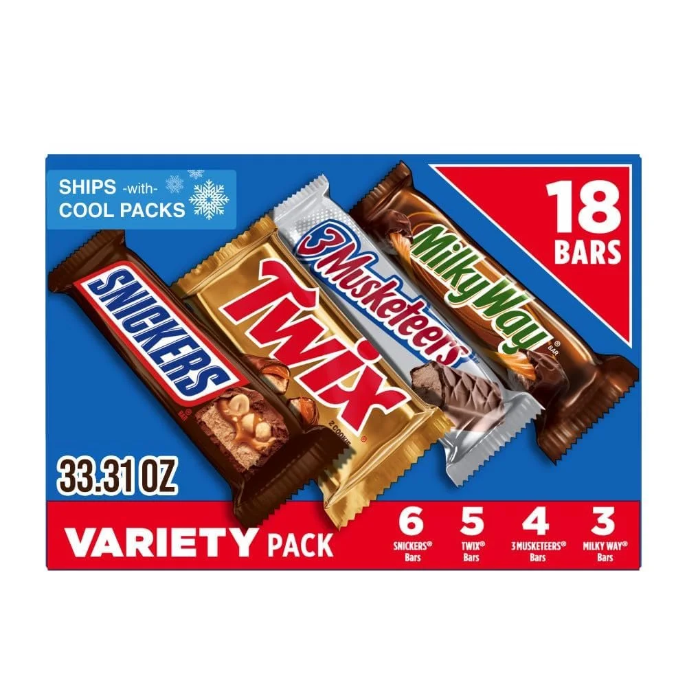 SNICKERS, TWIX, 3 MUSKETEERS, MILKY WAY Full Size Back to School Chocolate Bar Variety Pack, 18 ct Bulk Candy Box | Four types of full size milk chocolate bars individually wrapped, Halloween Candy, parties, movie nights, road trip, bulk