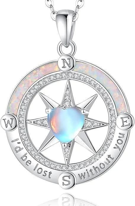 FANCIME Compass Necklace for Women Sterling Silver Compass Jewelry Opal Pendant Fine Jewelry Gemstone Birthday Mothers Day Gifts for Wife Women Her