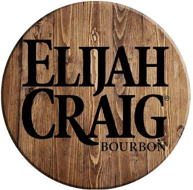 Wooden sign with the text "Elijah Craig Bourbon" in black letters.