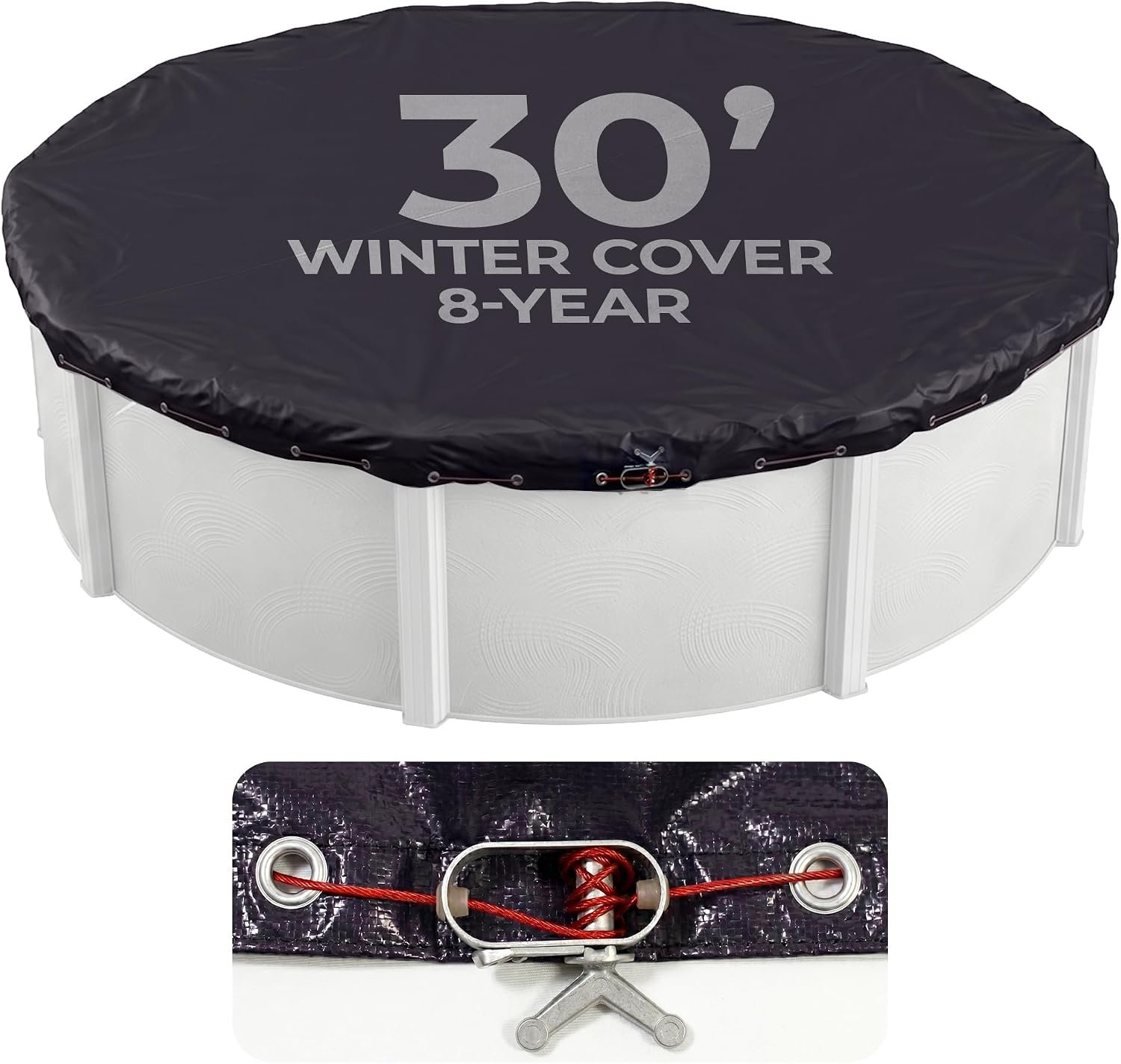Blue Wave Arctic Armor 30-ft Round Above Ground Pool Winter Cover, Navy | Solid polyethylene, heat-sealed seams, underside, cable, winch, grommets, 4-ft overlap, 8-yr support, blocks debris & snow