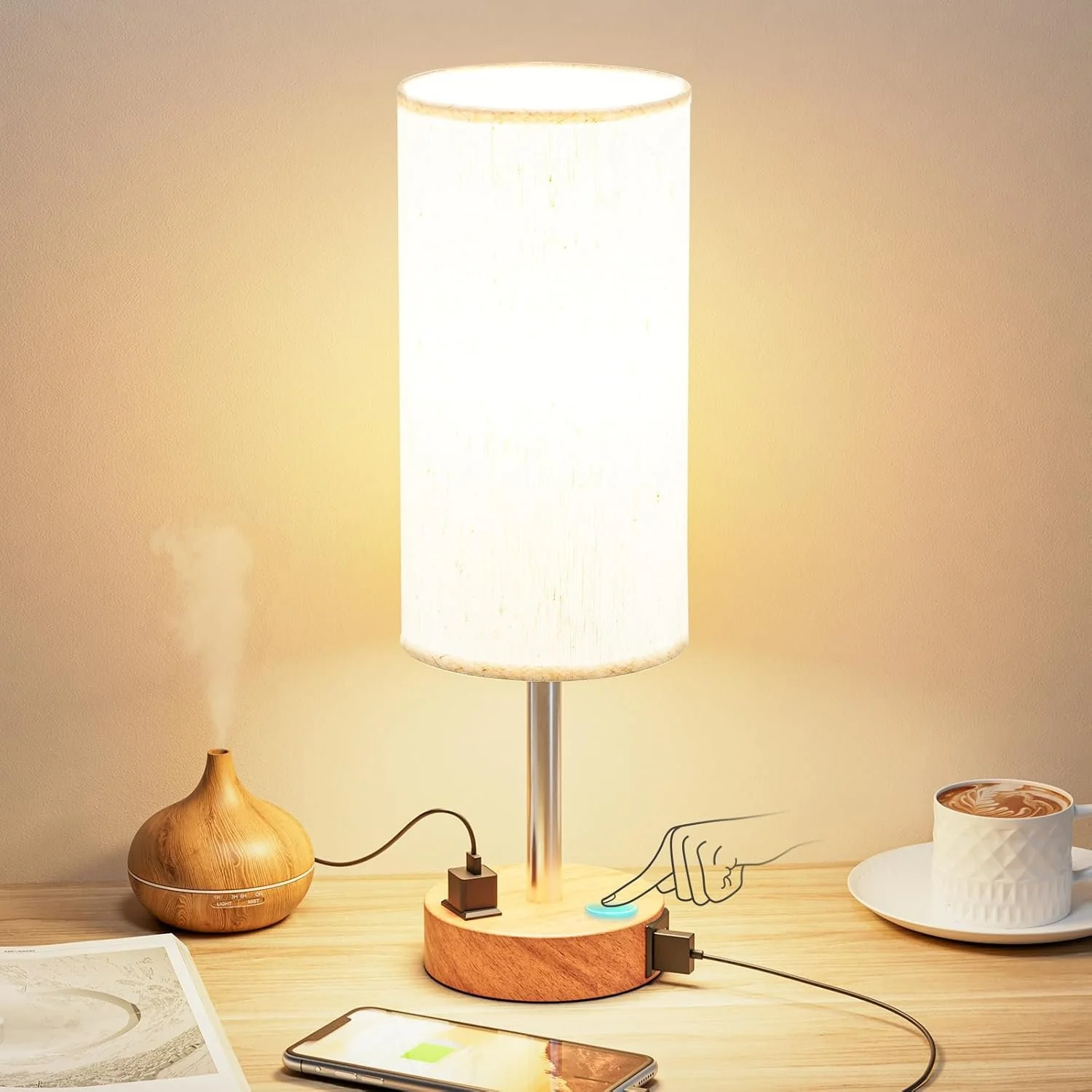 Bedside Table Lamp for Bedroom - Dimmable Touch, USB A+C, AC Outlet
3-Way Dimmable, LED Bulb Included, Fabric Lampshade, Wood-Grain Metal Base, 14" Small Nightstand Lamp for Desk, Living Room