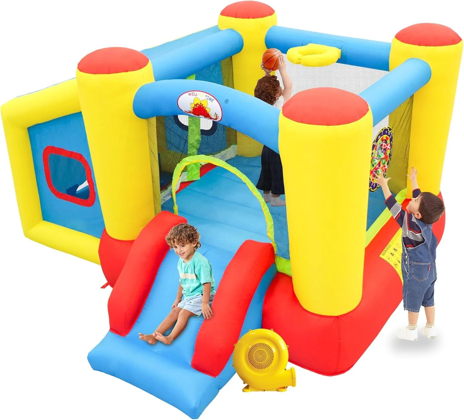 Inflatable Bounce House with Blower, Bouncy Castle & Jumping Castle Slide, Kids Bouncer with Ball Pit, Basketball Rim, Dart Target Game