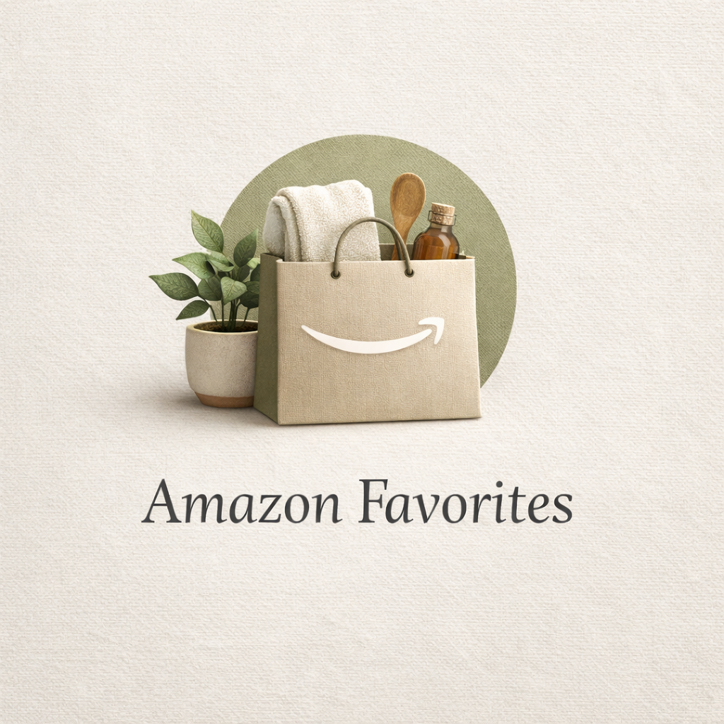 A beige Amazon shopping bag with a smile logo, filled with a white towel, a wooden spoon, and a small bottle, next to a potted plant, on a background with a green circle and the text "Amazon Favorites."