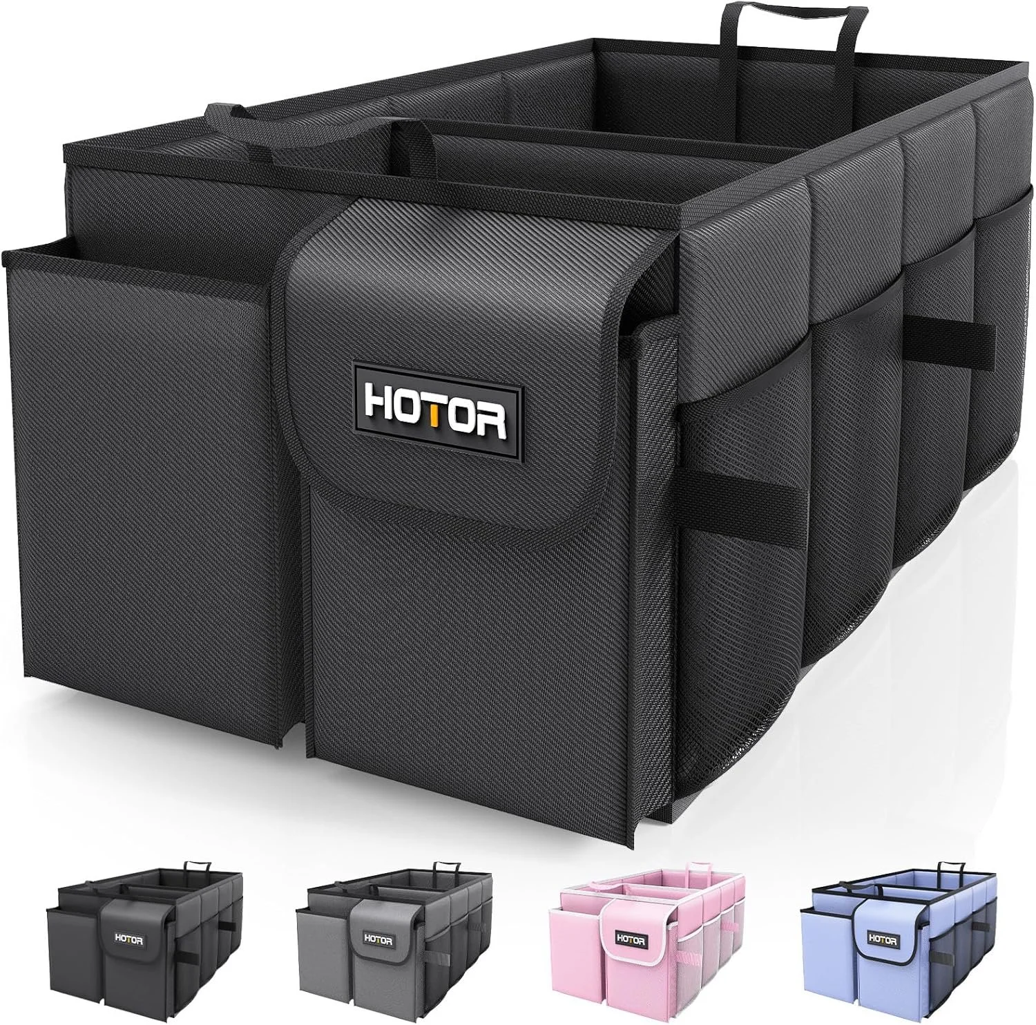 HOTOR Trunk Organizer - Foldable Car Organizer for SUVs & Sedans Storage | Sturdy Car Organization for Men & Women, Car Accessories, Tools, Sundries, Black, 2 Compartments, 21.3" x 12.6" x 10.6"