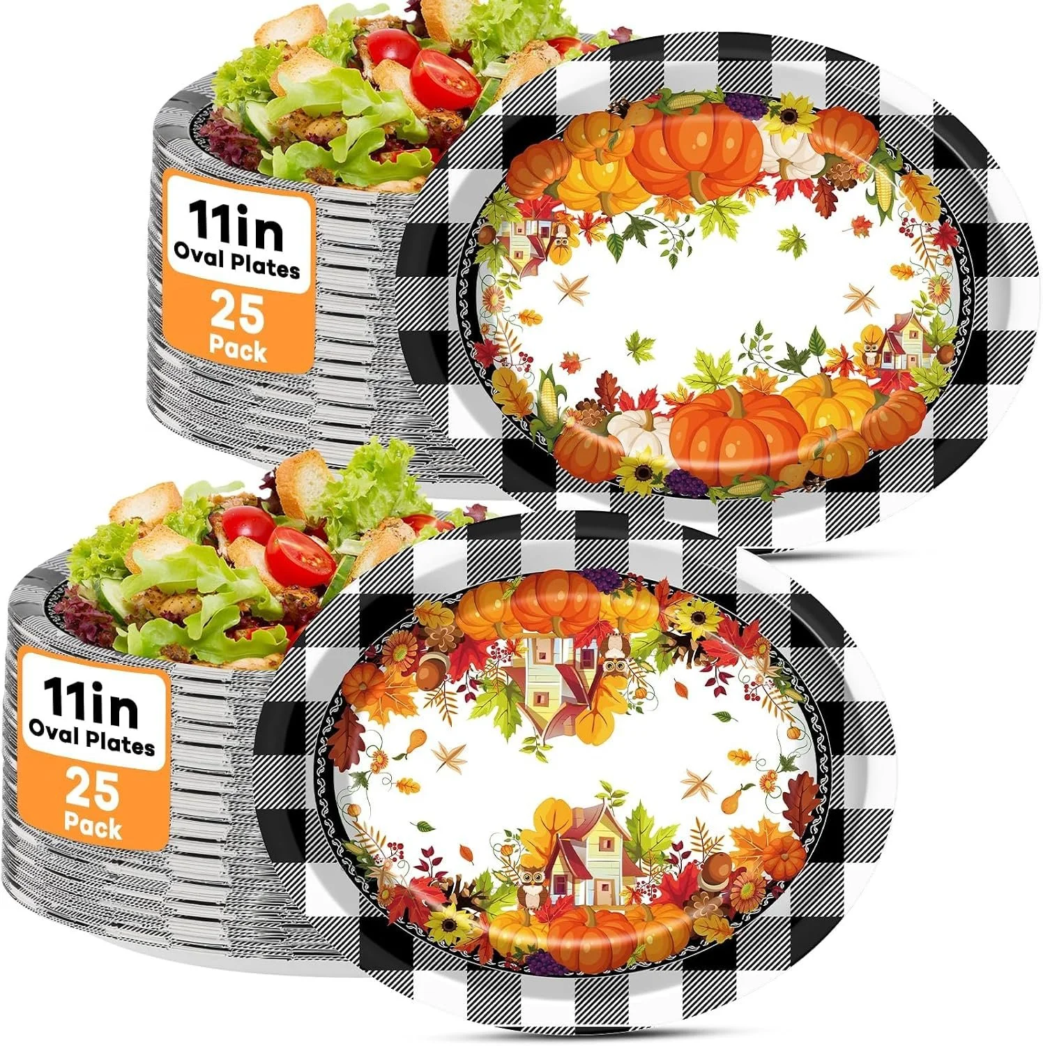 50 PCS Fall Thanksgiving Paper Plates Large Buffalo Plaid Pumpkins Party Oval Plates Autumn Maple Disposable Supplies Pumpkin Tableware Harvest Oval Dinnerware Set for Dinner Kitchen Party Decorations