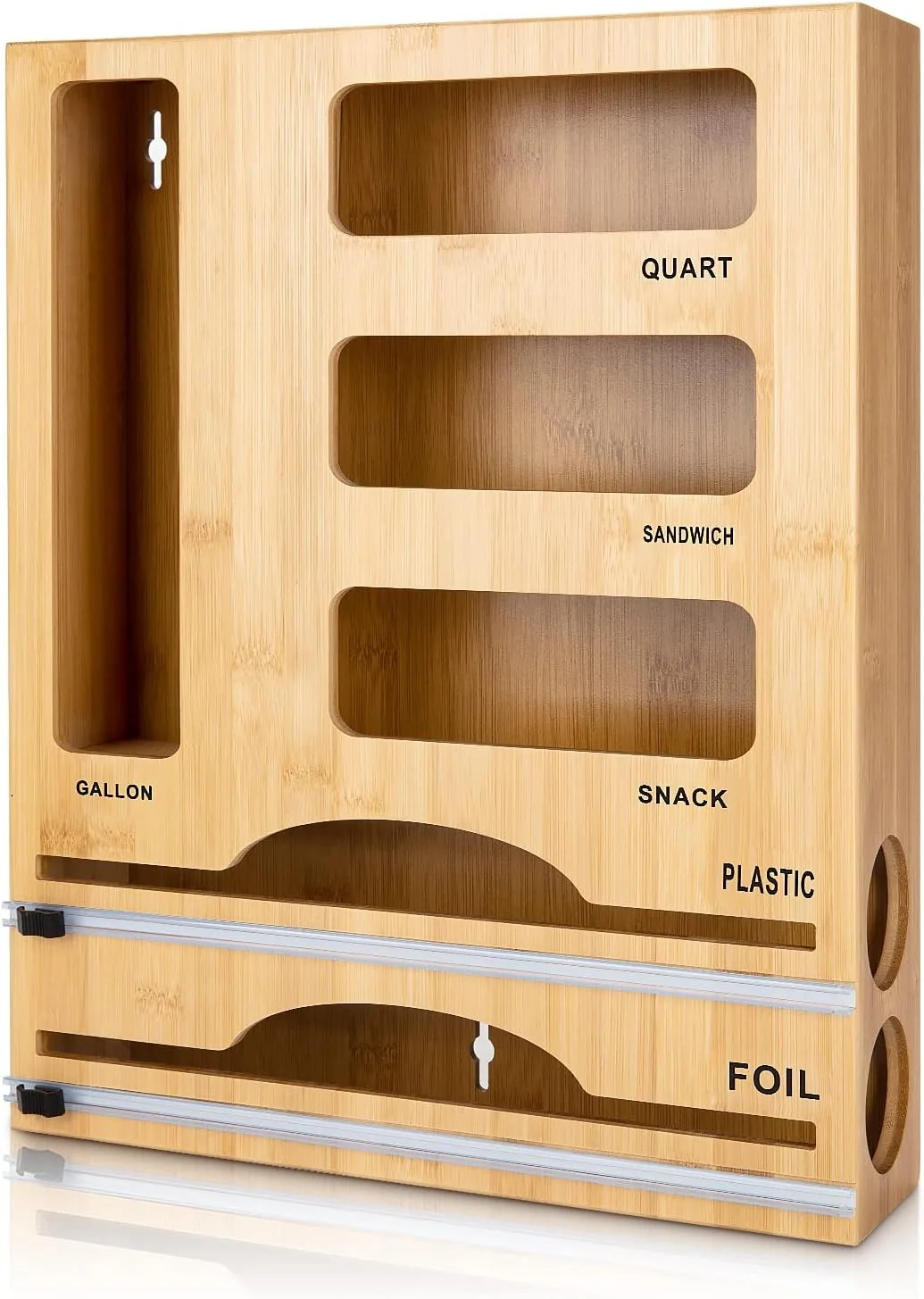 APSARAS USA 5 in 1 Bamboo Foil and Plastic Wrap Organizer for Kitchen Drawer, Ziplock Bag Organizer, Saran Wrap Dispenser with Cutter, Plastic Bag Organizer, Food Storage Bag Organization