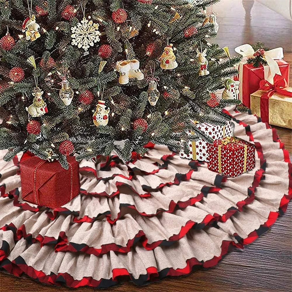 KERIQI 48 Inch Buffalo Plaid Christmas Tree Skirt, Burlap Red and Black Check Ruffle Tree Skirt for Rustic Farmhouse Holiday Christmas Tree Decorations