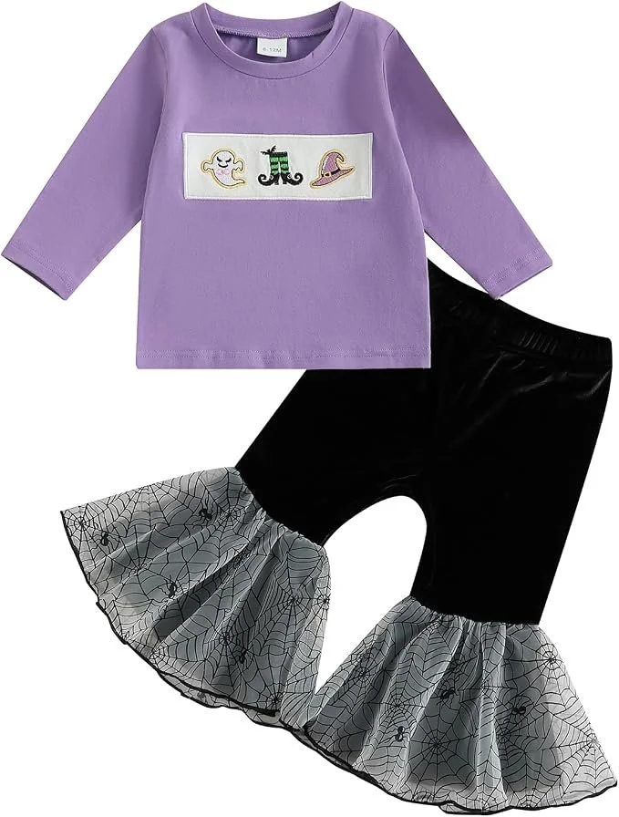 Toddler Girl Halloween Outfit Baby Ghost Witch Hat Crewneck Sweatshirt Spider Web Mesh Bell-Bottoms Pants Sets