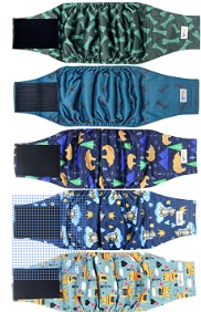 Set of five colorful children's swim trunks in various patterns and colors.
