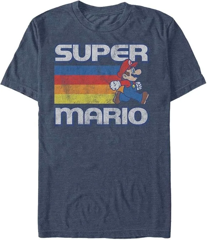 Nintendo Super Mario Running Retro Stripe Vintage Graphic Tee Men's | Officially Licensed Nintendo Super Mario | 100% Cotton | Retro Stripe Graphic Tee | Men's Sizes XS-5X