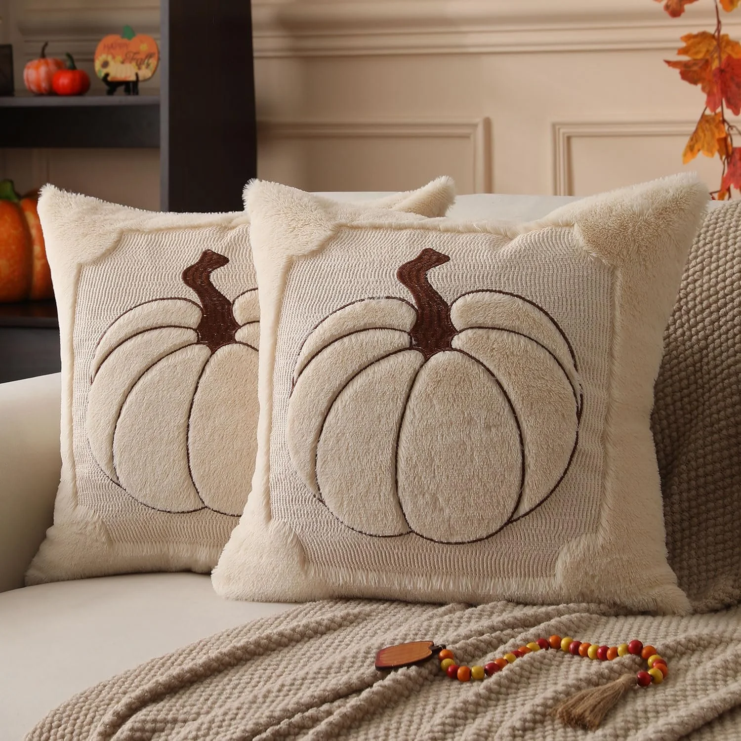 Allorry Fall Pillow Covers 18x18 2 Pack Beige Pumpkin Home Decor PT010A18 | Soft Plush Faux Fur Embroidery Throw Pillow Covers,Autumn Thanksgiving Sofa Bedroom Living Room Home Decor