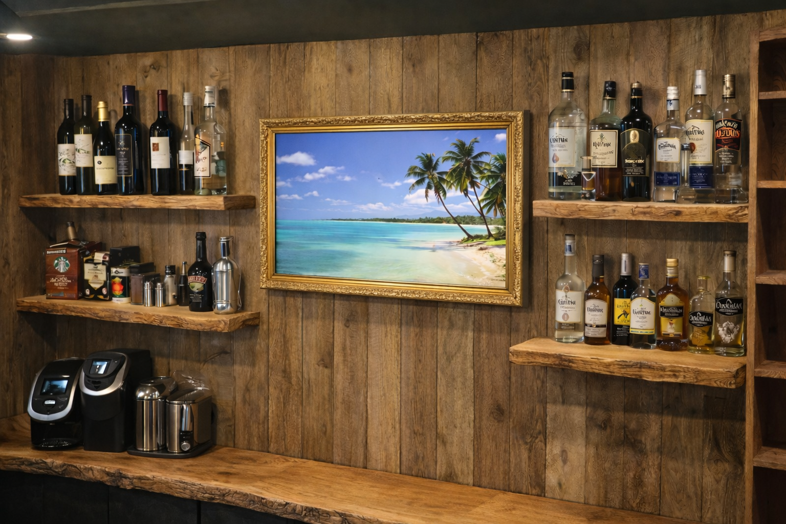 Wood-paneled wall with shelves holding various bottles of liquor, a framed beach scene painting, and coffee brewing equipment.