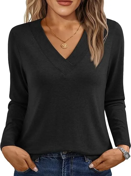 AUTOMET Long Sleeve Shirts for Women Tops V Neck Casual Top | Fall Tops,Ladies Tops,Soft Fabric,Winter Clothing,Basic Tees