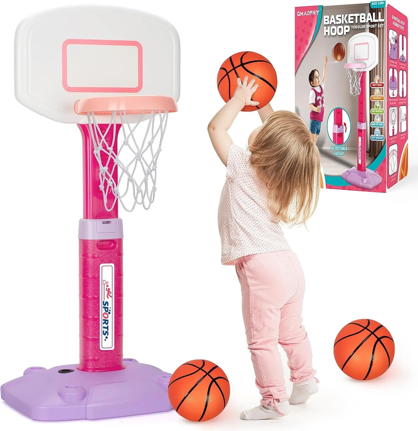 Toddler Basketball Hoop for Ages 1-3, Kids Toys Basketball Hoops for Indoor | Adjustable Mini Basketball Hoop with 3 Balls for Outdoor, 1st Christmas Birthday Sport Gift for Baby Girls Ages 1 2 3 4, Pink