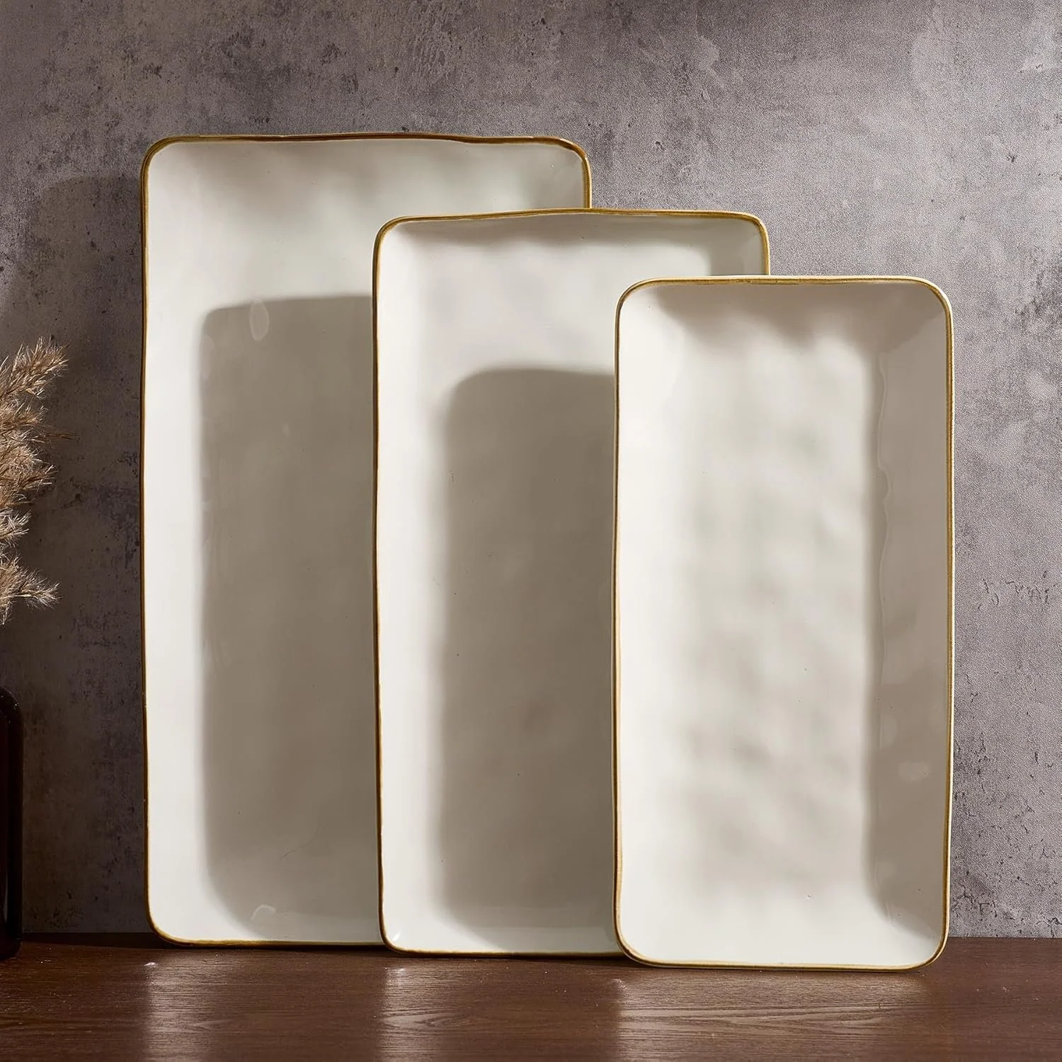 Famiware Serving Platters Set of 3 Sizes - Rectangular, Vanilla White | 15.67"/14.1"/12.6" Fine Stoneware Serving Trays for Party, Entertaining for Food, Turkey, Cheese, Microwave Dishwasher Safe