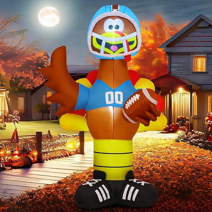 GOOSH 6 FT Thanksgiving lnflatable Turkey Outdoor Decorations Blow Up Yarda Turkey with a Rugby, with Built-in LEDs for Indoor Party Garden Lawn Decor