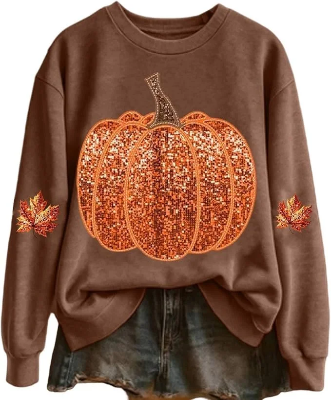Crew Neck Sweatshirts Women Graphic Sequin Fall Pumpkin Halloween Pullover Tops Oversized Thanksgiving Autumn Shirts