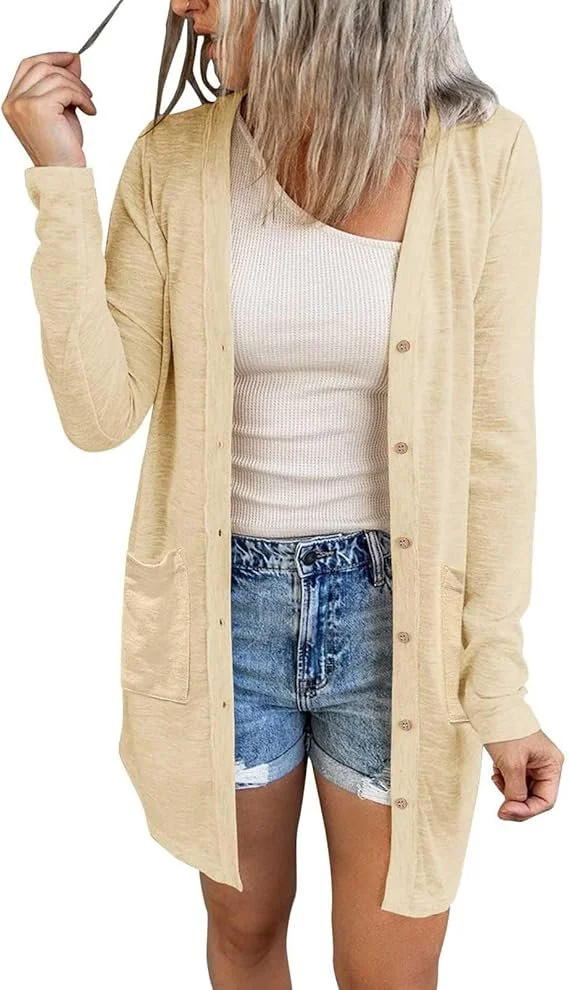 MEROKEETY Womens Summer Lightweight Long Cardigan 2026 Open Front Pockets | Long Sleeve, Button Down, Light Cardigan Sweaters, Loose Outwear, Beach Vacation Cover Up, Trendy Outfits, Fashion Clothes