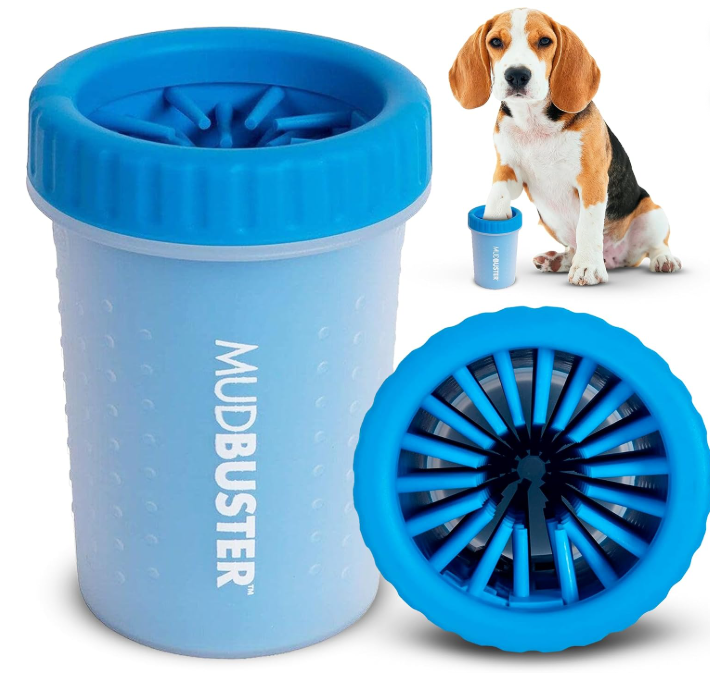 Blue portable dog water bottle with a built-in bowl, shown from the side and top, with a Beagle puppy sitting beside it.