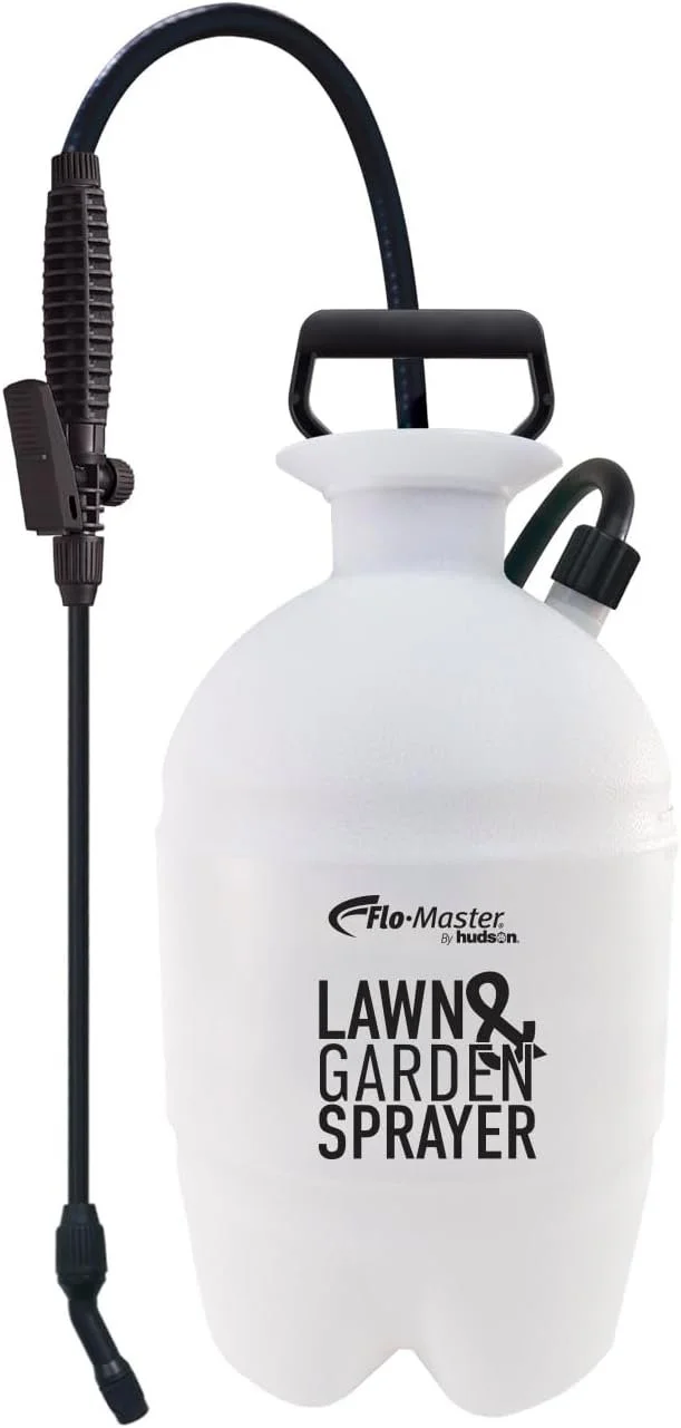 A white garden sprayer with a black handle and a long black hose with a spray nozzle. The sprayer has the text "Flo-Master by Hudson LAWN & GARDEN SPRAYER" printed on the front.