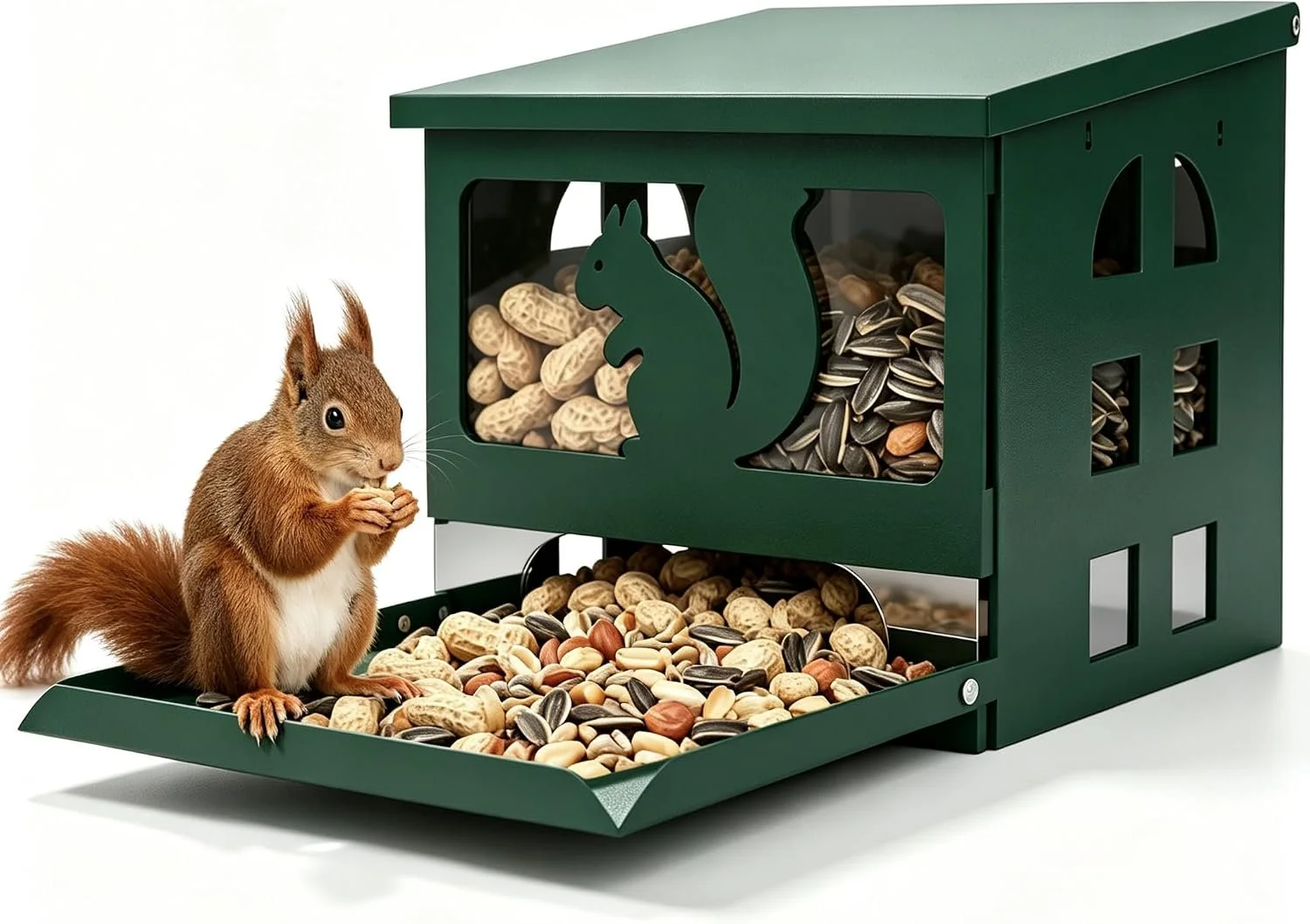 Squirrel Feeder for Outside, Durable Full Metal Squirrel Food Box, Large Capacity Chipmunk Feeder, Weather-Proof Squirrel House, Heavy Duty Squirrel Feeders