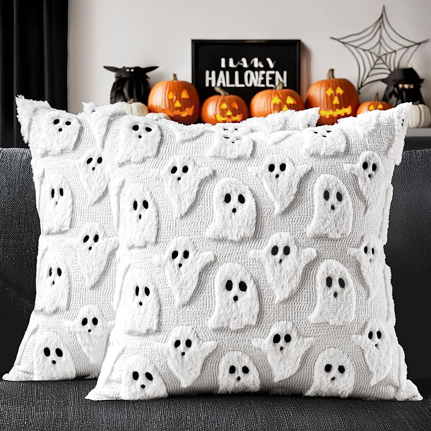 MIULEE White Halloween Pillow Covers Cute Ghost Decor Set of 2 18x18 | Soft Plush Faux Fur, Spooky Decor, Fall Decorative Throw Pillows for Couch Sofa Bed Porch Living Room
