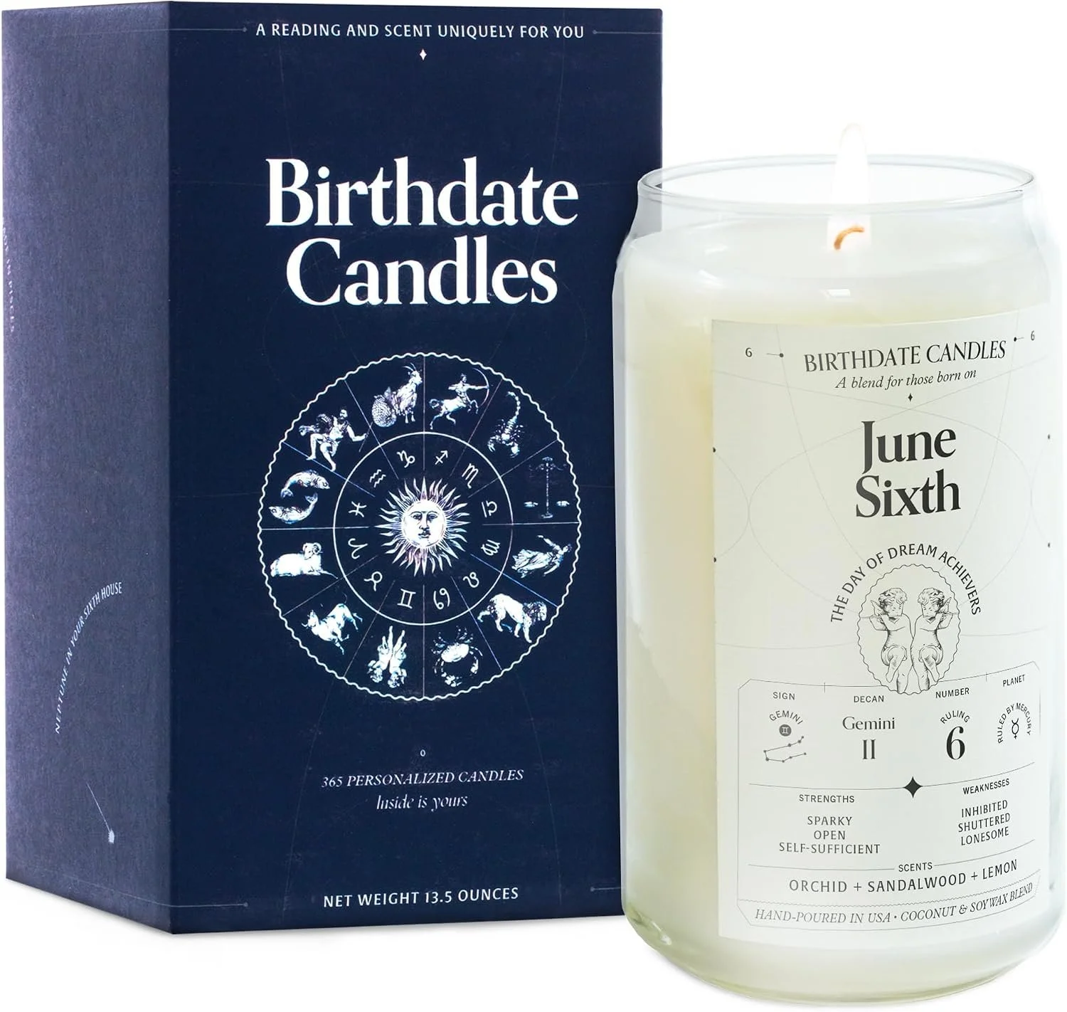 Birthdate Candles, June 6 - Gemini Zodiac Scented Candles Birthday Gift - Orchid, Sandalwood & Lemon Scent - All-Natural Soy & Coconut Wax, 60-80 Hour Burn Time - Made in USA