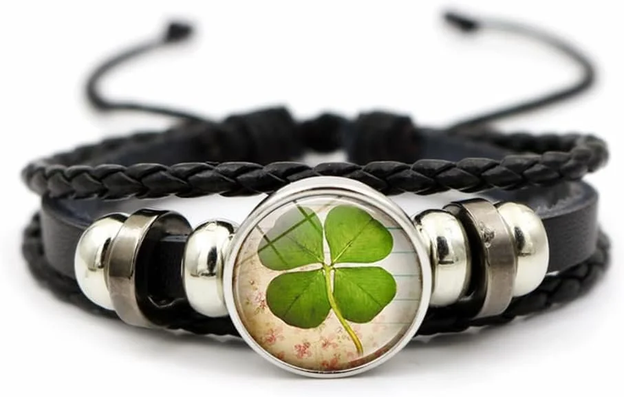 OIDIMS Four Leaf Clover Bracelet for Women Men Irish Shamrock Lucky Flower Charm Beaded Adjustable Bangle Woven Leather Braided Inspired Couple Bracelets Promise Jewelry Gifts St. Patrick's Day
