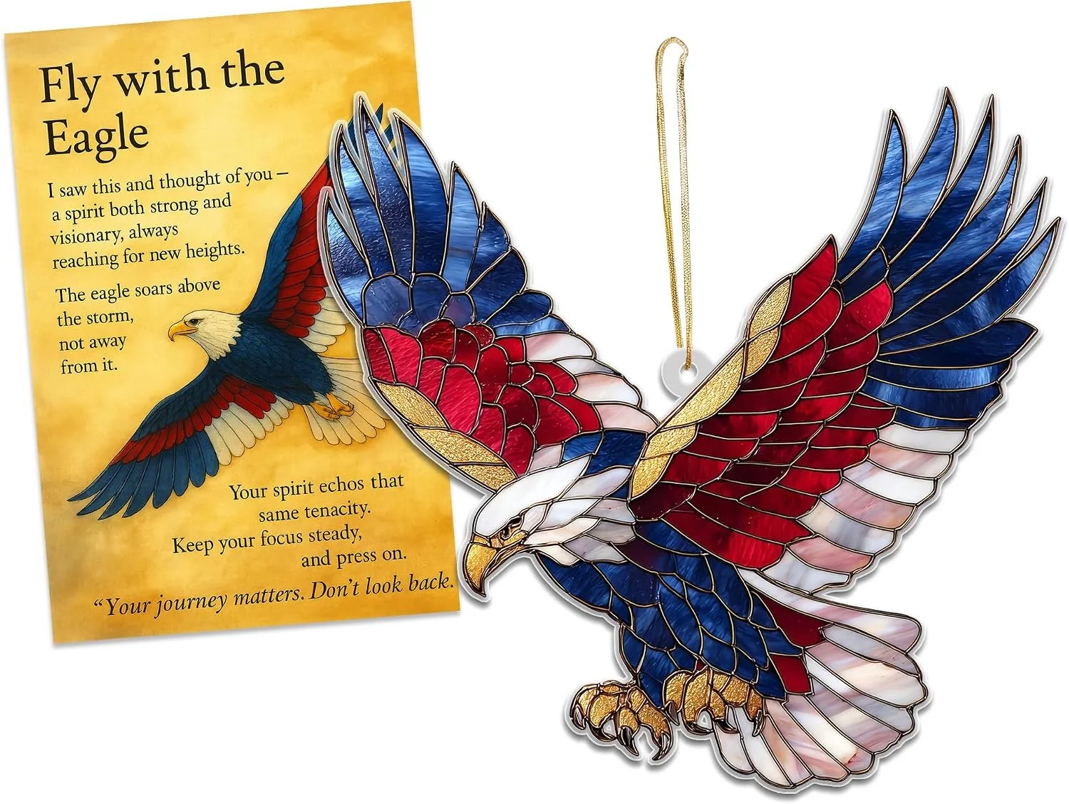 Eagle Suncatcher with Inspirational Card, Patriotic Hanging Window Ornament, Eagle Gift for Veterans, Dad, Memorial Day, Independence Day Decor (Sun-59)