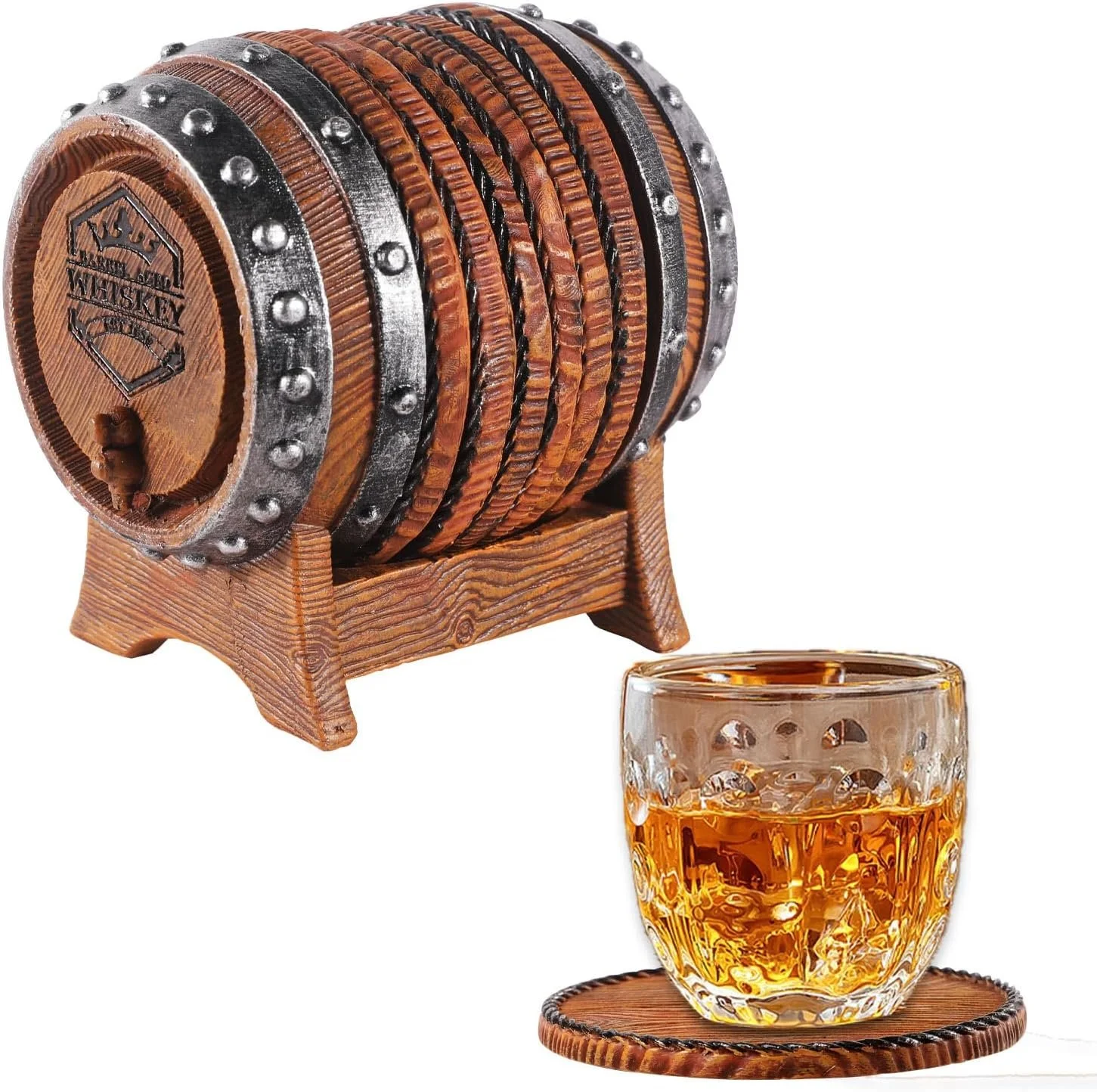 Whiskey Barrel Coasters Set 6 Full Size Non-Slip Cabin Decor Bar Coasters, for dad, Man Cave Gifts for Men and Whiskey Lovers, Rustic Handmade Cup Coaster for The Home
