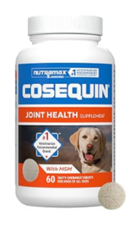 Bottle of Cosequin joint health supplement for dogs with a bone-shaped tablet in front of it.