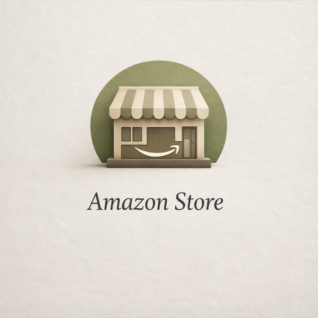 Illustration of an Amazon Store with a striped awning, storefront featuring a smile-shaped arrow, and the text 'Amazon Store' below.