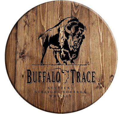 Wooden sign featuring a black engraved buffalo and the text "Buffalo Trace" followed by "Kentucky Straight Bourbon Whiskey."