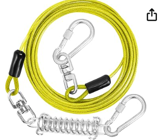Bright yellow safety lanyard with carabiners and a coiled wire spring