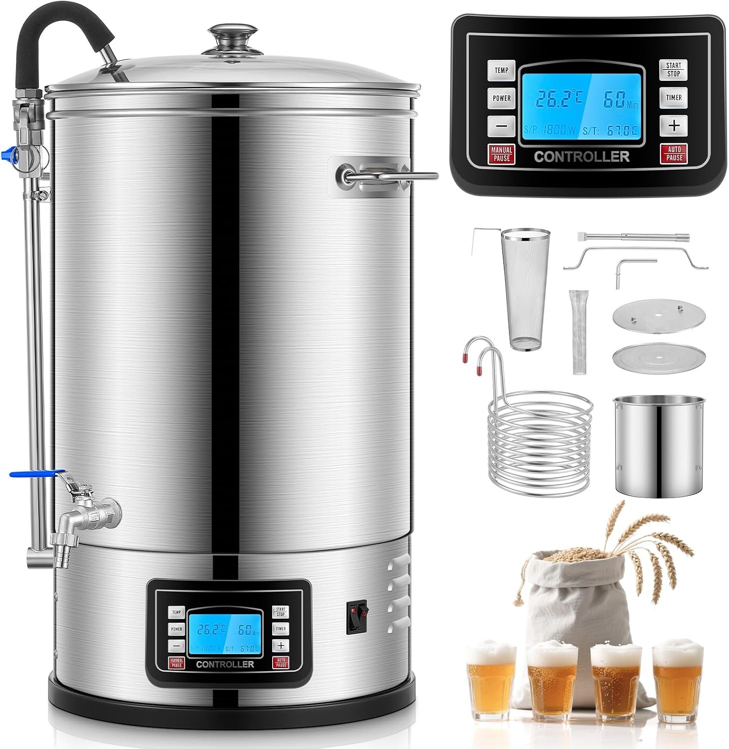FOHERE All-in-One Electric Brewing System (9.2 Gal/35L), Stainless Steel Home Beer Brewer, Mash & Boil Pot with 7-Step Programmable & 10 Recipe Memory