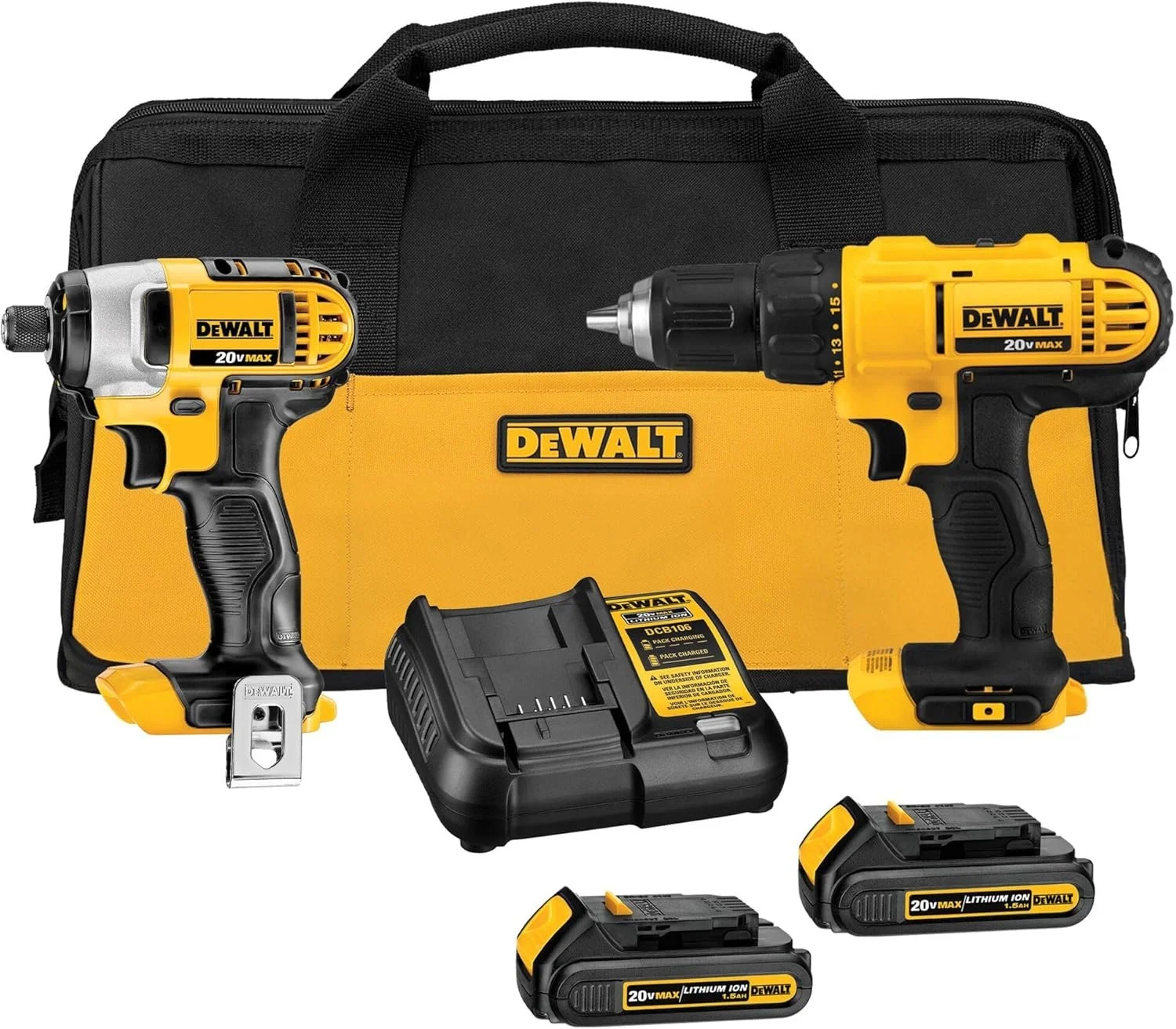 DeWalt cordless drill and impact driver set with batteries, charger, and carrying bag.