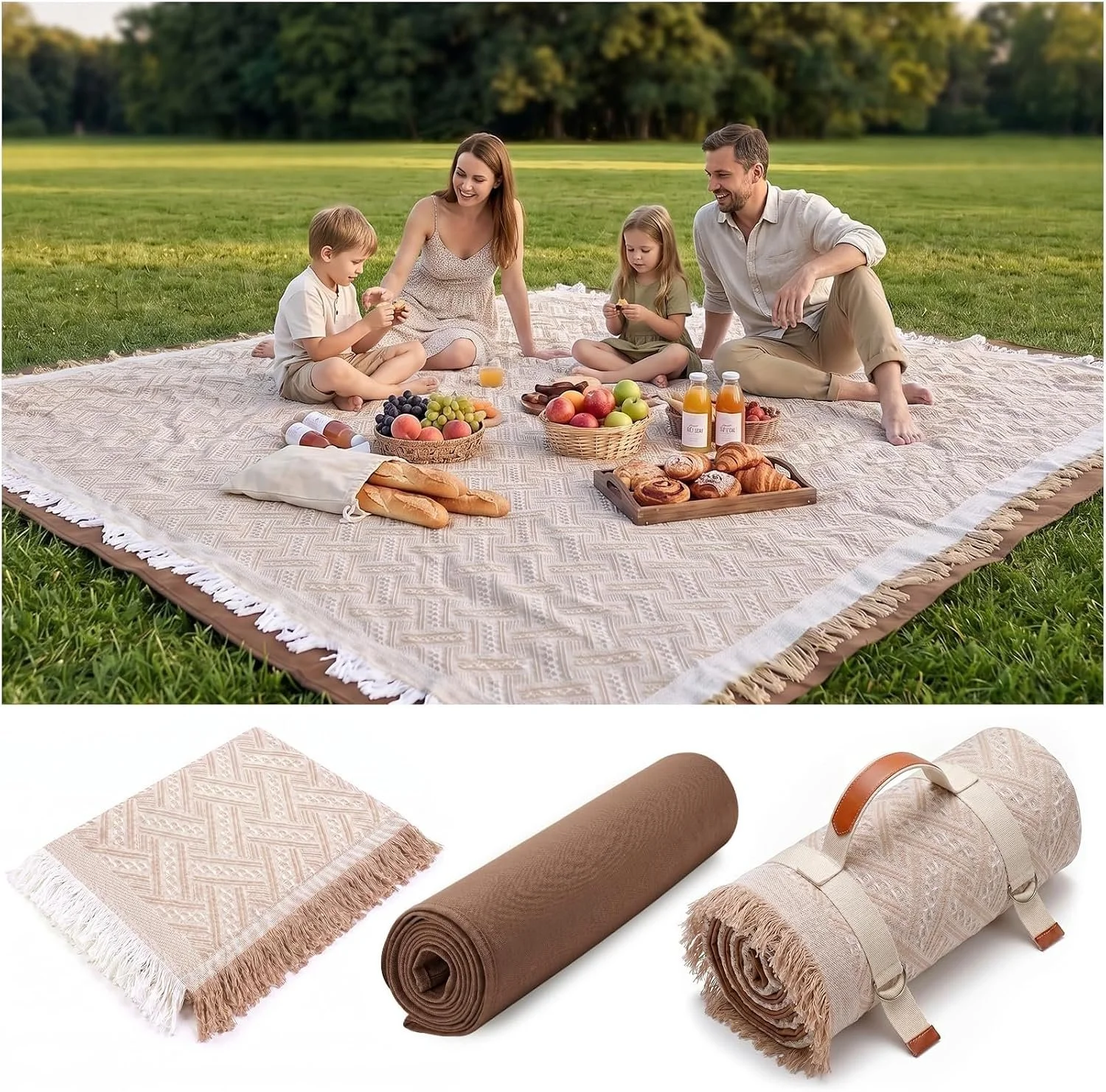 Genovega 2 in 1 Extra Large Rug Outdoor Picnic Blanket Waterproof Woven Boho Mat Giant Beach Towel Travel Essential Yoga Accessories Park Patio Lawn Garden Ground Music Festival Concert Must Have