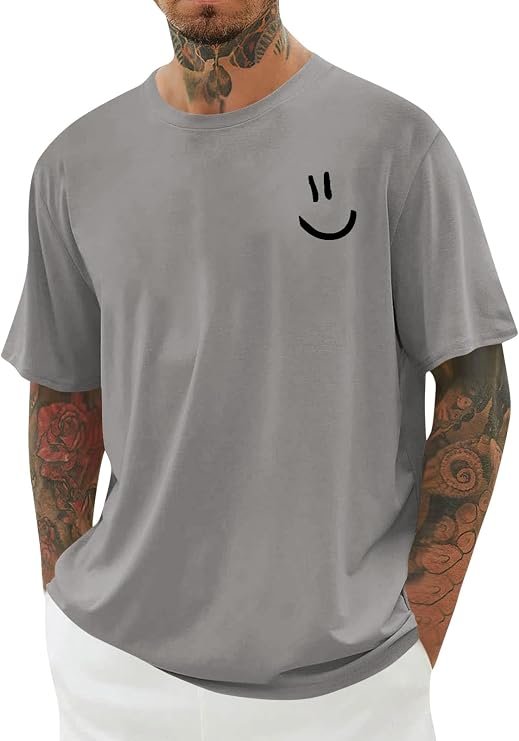 Mens Short Sleeve Graphic Tee Funny Smile Crew Neck T Shirts Loose Fit Summer Shirts