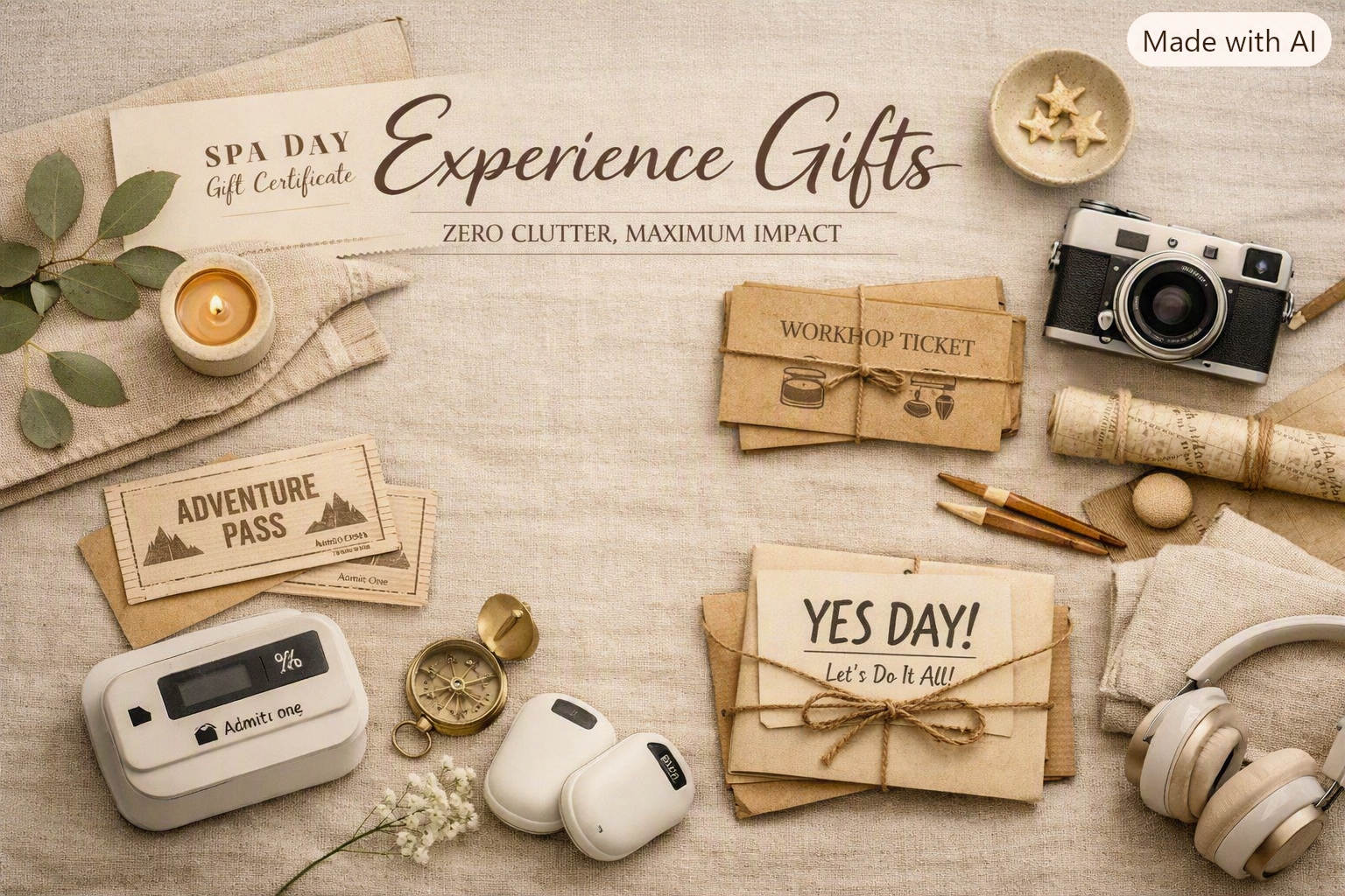 A minimalist beige flat‑lay featuring spa vouchers, adventure passes, and handwritten workshop tickets on linen fabric with soft greenery and gold accents.
Description Summary: Gifts that create memories instead of clutter — each experience is chosen