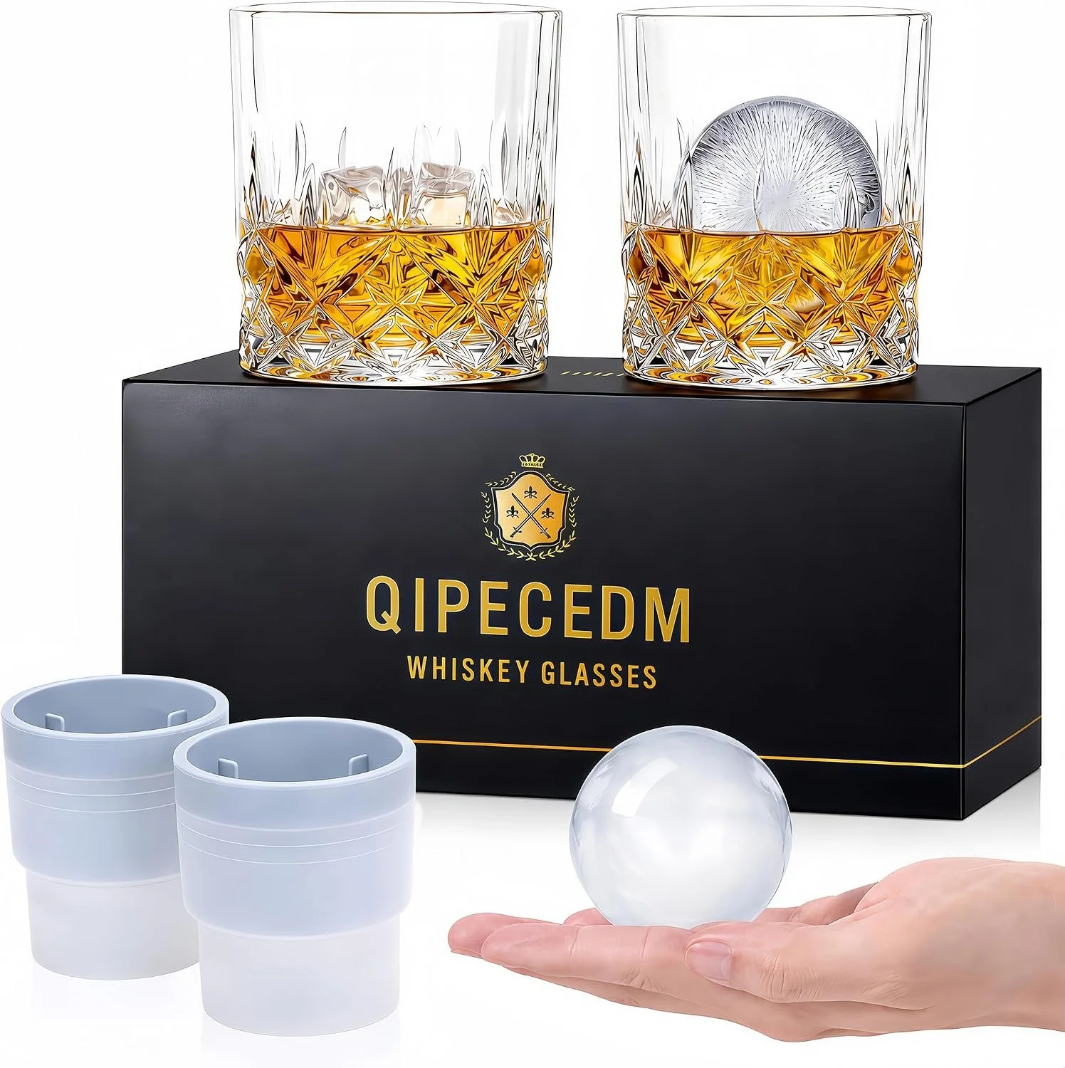 Qipecedm® Old Fashioned Whiskey Glasses, Set of 4 (2 Crystal Bourbon Glasses, 2 Round Big Ice Ball Molds) In Gift Box - 11 Oz Rocks Glass, Barware for Scotch Cocktail Rum Vodka Liquor, Gifts for Men