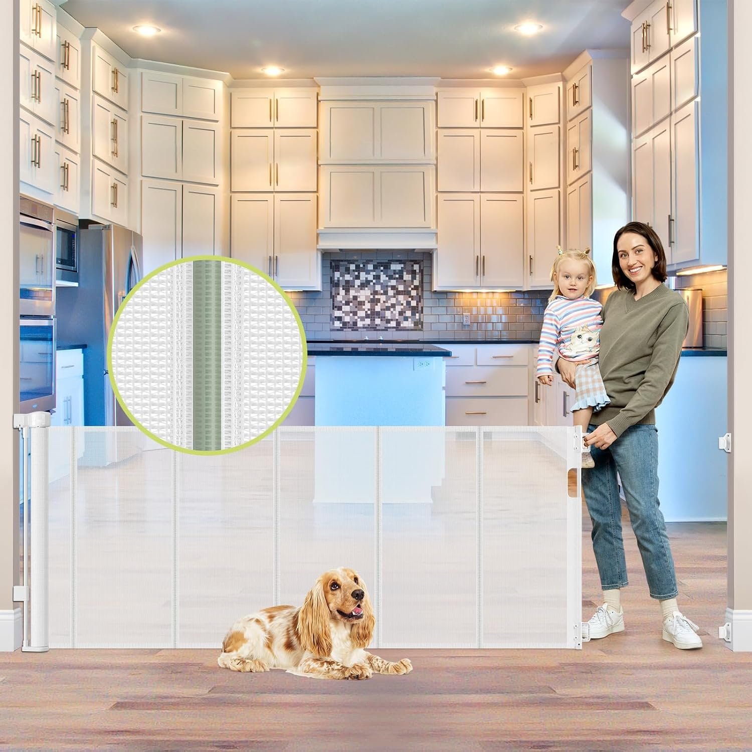 
Click to see full view
Reinforced 80 Inch Extra Wide Retractable Baby Gate with Support Rods, Indoor/Outdoor Retractable Pet Gates for Wide Openings, 33” Tall Mesh Dog Gate Indoor Extra Long Baby Gates for Decks, White