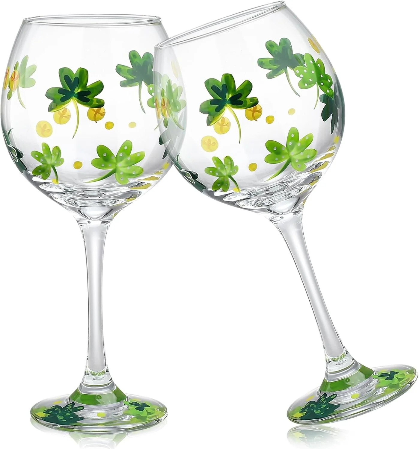 Willinglong 2 Pcs St. Patrick's Day Shamrock Wine Glasses Hand Painted Irish Theme Clover Gold Coin Stemmed Glasses Bar Goblet Cocktail Drinkware Gifts for St. Patrick's Day Party Supplies