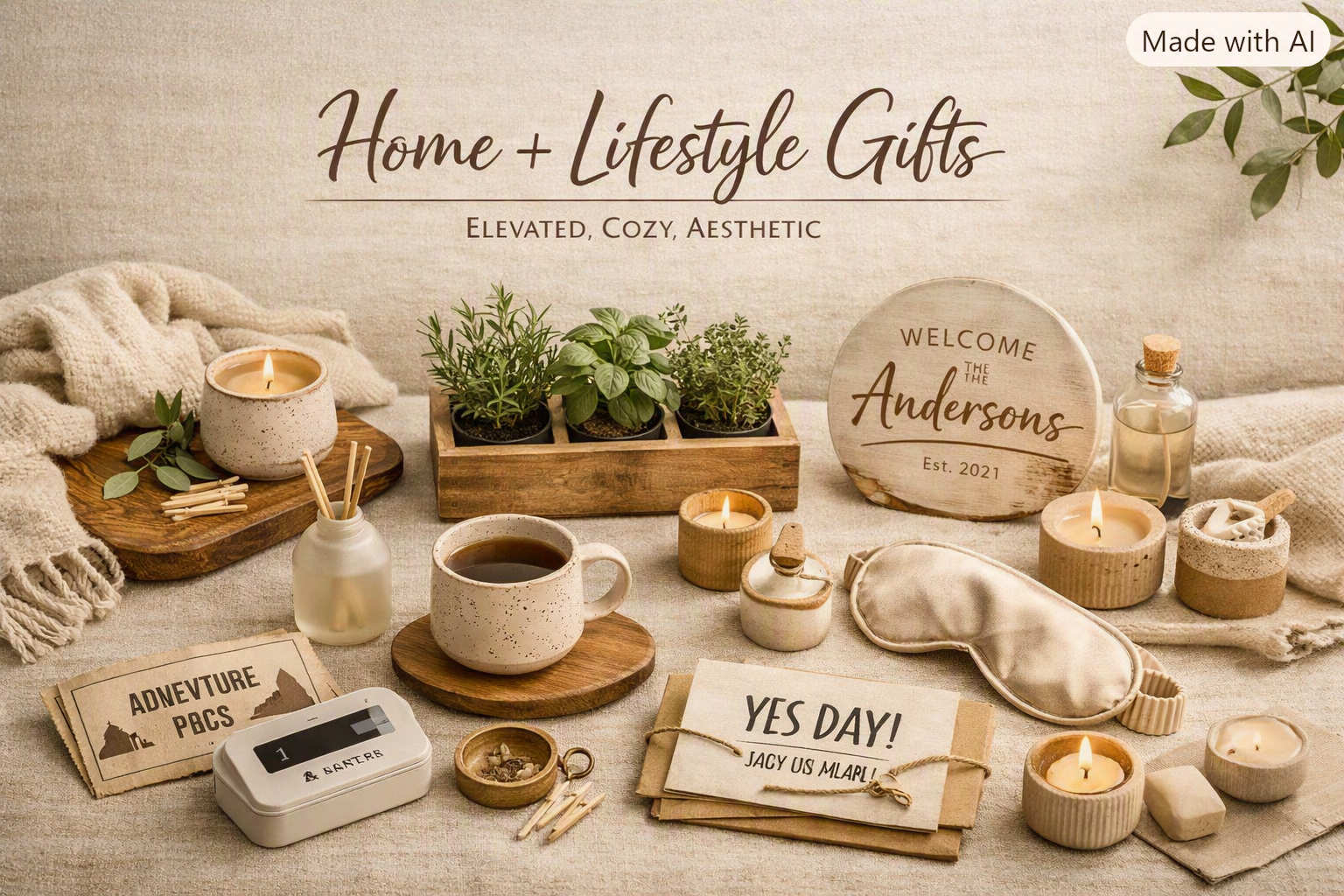 A warm tabletop scene with handmade ceramics, a silk eye mask, a candle set, and a mini herb garden kit arranged on a neutral linen surface with soft morning light.
Description Summary: A curated mix of cozy, aesthetic pieces that elevate everyday li